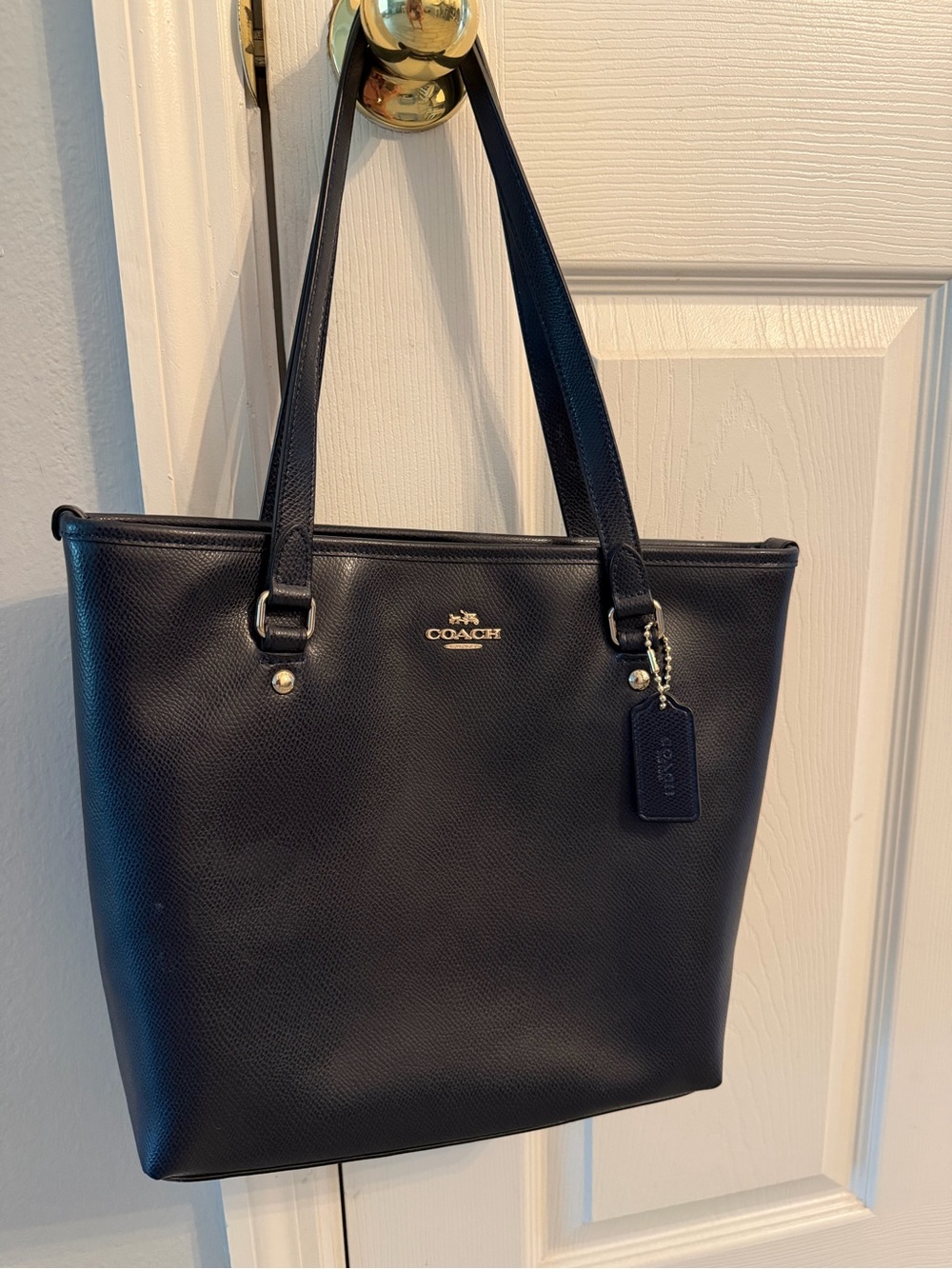 COACH Navy Pebbled Leather Tote with Gold Hardware
